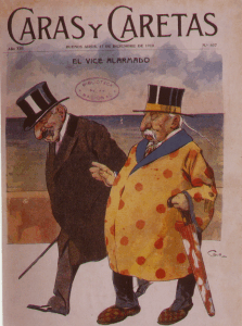 Caricatura del presidente Roque Senz Pea y el vicepresidente Victorino de la Plaza, acerca de la restriccin de ingreso al pas a los inmigrantes sexagenarios, 1910. (Caras y Caretas)