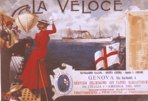 Aviso de la empresa de navegacin La Veloce que traa a los inmigrantes desde el puerto de Gnova a principios de siglo. "Argentina un pas de inmigrantes". Ministerio del Interior.1998
