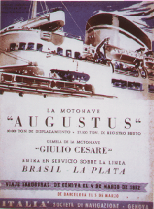Aviso del viaje inaugural de la motonave "Augustus", en 1952. ("Argentina, un pas de inmigrantes". Ministerio del Interior)