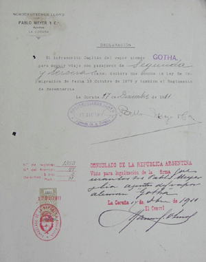 Declaracin del capitn del vapor Gotha, en la que expresa su conocimiento de la ley de inmigracin argentina. 1911. (Direccin Nacional de Migraciones)